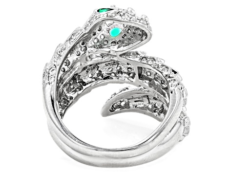 Green Lab Spinel And White Cubic Zirconia Rhodium Over Brass Snake Ring 2.06ctw