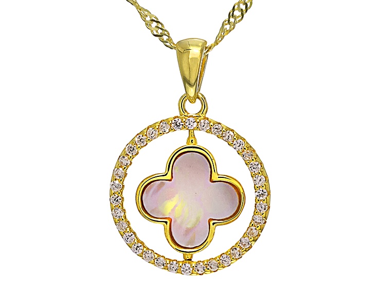 White Cubic Zirconia And White Mother-Of-Pearl 18k Gold Over Sterling Silver Clover Pendant 0.32ctw