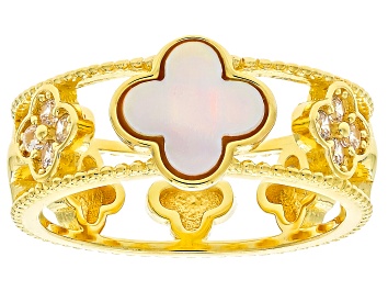 Picture of White Cubic Zirconia And White Mother-Of-Pearl 18k Gold Over Sterling Silver Clover Ring 0.32ctw