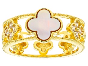 White Cubic Zirconia And White Mother-Of-Pearl 18k Gold Over Sterling Silver Clover Ring 0.32ctw
