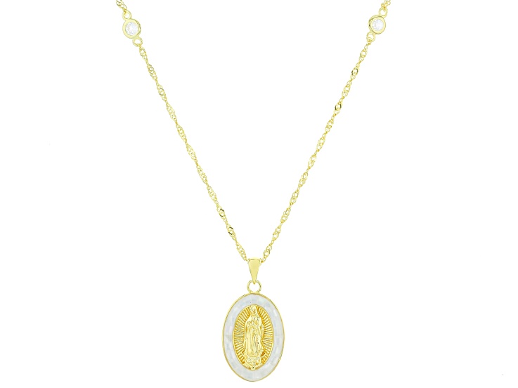 White Cubic Zirconia And Mother-Of-Pearl 18k Gold Over Silver Our Lady Of Guadalupe Pendant 0.67ctw
