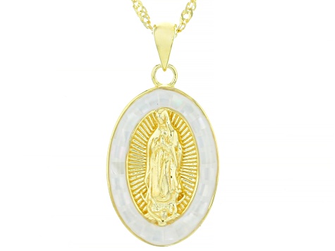 White Cubic Zirconia And Mother-Of-Pearl 18k Gold Over Silver Our Lady Of Guadalupe Pendant 0.67ctw