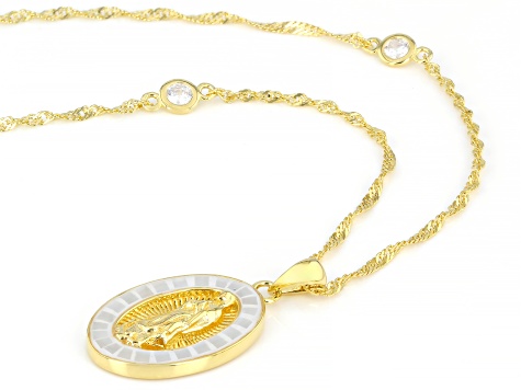 White Cubic Zirconia And Mother-Of-Pearl 18k Gold Over Silver Our Lady Of Guadalupe Pendant 0.67ctw
