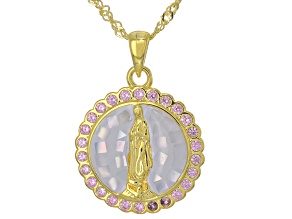 Pink Cubic Zirconia And Mother-Of-Pearl 18k Yellow Gold Over Silver Our Lady Of Guadalupe Pendant