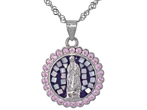 Pink Cubic Zirconia And Mother-Of-Pearl Rhodium Over Silver Our Lady Of Guadalupe Pendant 0.63ctw