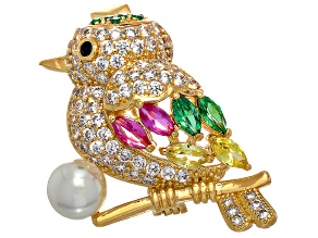 Multi-Gem Simulants And White Shell Pearl 18k Yellow Gold Over Brass Bird Brooch 2.96ctw