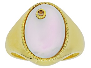 White Cubic Zirconia And White Mother-Of-Pearl 18k Yellow Gold Over Sterling Silver Ring 0.03ctw
