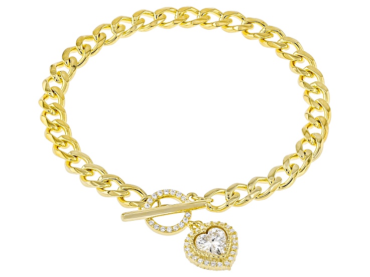 White Cubic Zirconia 18k Yellow Gold Over Sterling Silver Heart Curb Link Bracelet 1.63ctw