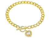 White Cubic Zirconia 18k Yellow Gold Over Sterling Silver Heart Curb Link Bracelet 1.63ctw