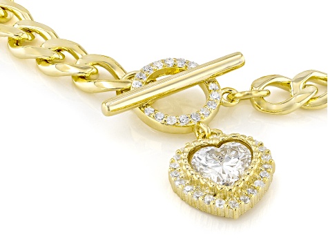White Cubic Zirconia 18k Yellow Gold Over Sterling Silver Heart Curb Link Bracelet 1.63ctw
