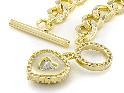 White Cubic Zirconia 18k Yellow Gold Over Sterling Silver Heart Curb Link Bracelet 1.63ctw