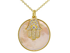 White Cubic Zirconia And White Mother Of Pearl 18k Gold Over Silver Hamsa Hand Necklace 0.42ctw