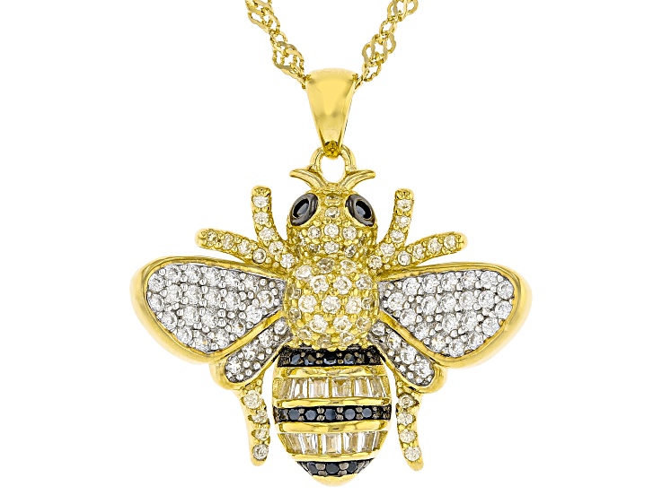 Black Spinel, Canary and White Cubic Zirconia 18K Yellow Gold Over Silver Bumblebee Pendant 1.54ctw