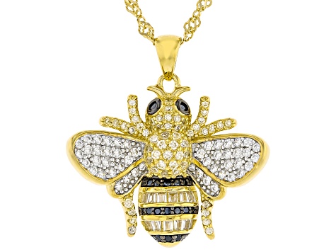 Black Spinel, Canary and White Cubic Zirconia 18K Yellow Gold Over Silver Bumblebee Pendant 1.54ctw