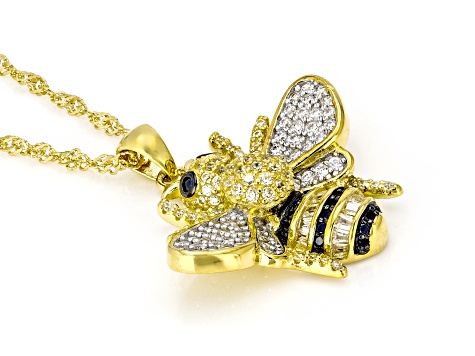 Black Spinel, Canary and White Cubic Zirconia 18K Yellow Gold Over Silver Bumblebee Pendant 1.54ctw