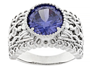 Blue And White Cubic Zirconia Rhodium Plated Ottone Ring 6.15ctw