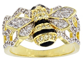 White Cubic Zirconia and Black Spinel Rhodium and 18k Yellow Gold Plated Bee Ring 1.25ctw