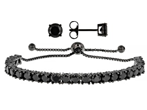 Black Cubic Zirconia Black Rhodium Plated Stud Earrings and Bracelet Set 12.30ctw