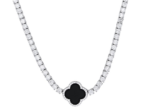 Onyx and White Cubic Zirconia Rhodium Plated Necklace 26.27ctw