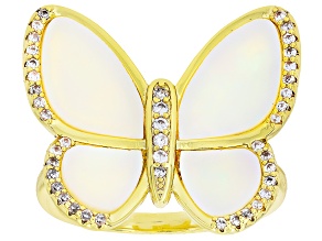 White Cubic Zirconia and Mother-of-Pearl 18k Yellow Gold Plated Butterfly Ring 0.34ctw