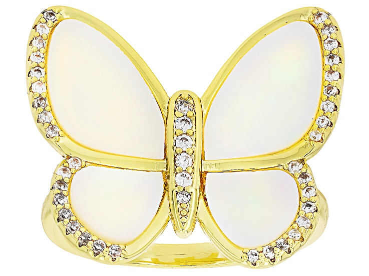 White Cubic Zirconia and Mother-of-Pearl 18k Yellow Gold Plated Butterfly Ring 0.34ctw