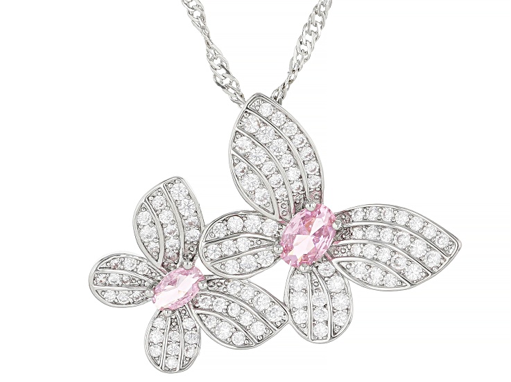 Pink and White Cubic Zirconia Rhodium Plated Butterfly Pendant 2.24ctw