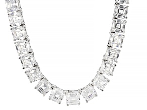 White Cubic Zirconia Rhodium Plated Asscher Cut Tennis Necklace 84.42ctw