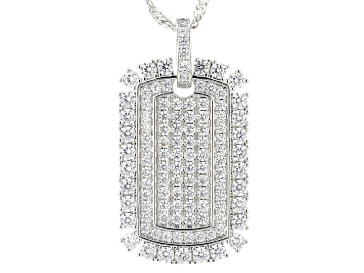 White Cubic Zirconia Rhodium Plated Dog Tag Pendant 5.74ctw