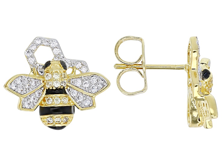 Black Spinel with Yellow And White Cubic Zirconia 18k Yellow Gold Plated Bee Earrings
