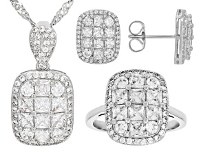 White Cubic Zirconia Rhodium Plated Ring, Pendant, and Earring Set 7.75ctw