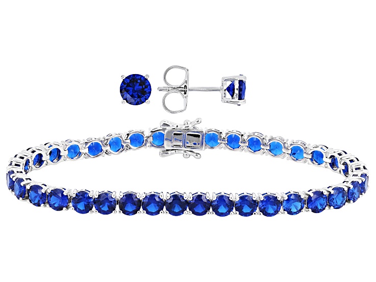 Blue Lab Created Spinel Rhodium Plated Bracelet and Stud Earring