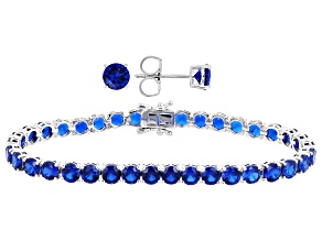 Blue Lab Created Spinel Rhodium Plated Bracelet and Stud Earring Set 26.73ctw