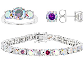Aurora Borealis Cubic Zirconia Rhodium Plated Ring, Stud, and Bracelet Set 47.34ctw