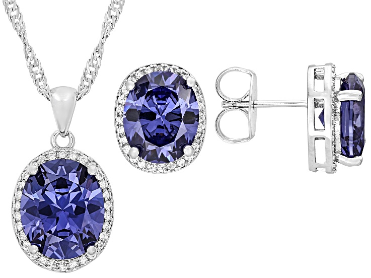 Blue And White Cubic Zirconia Rhodium Plated Earring and Pendant Set