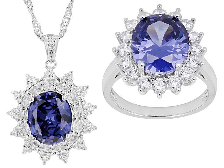 Blue And White Cubic Zirconia Rhodium Plated Jewelry Set 13.77ctw