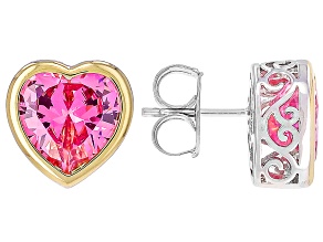 Pink Cubic Zirconia Rhodium and 18k Yellow Gold Plated Heart Earrings 9.68ctw