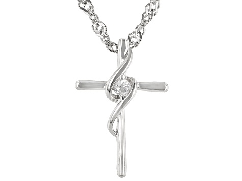 White Cubic Zirconia Rhodium Over Sterling Silver Childrens Cross Pendant With Chain 0.05ctw