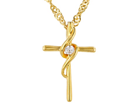 White Cubic Zirconia 18K Yellow Gold Over Sterling Silver Childrens Cross Pendant With Chain