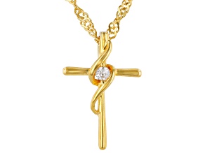 White Cubic Zirconia 18K Yellow Gold Over Sterling Silver Children's Cross Pendant With Chain