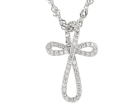 White Cubic Zirconia Rhodium Over Sterling Silver Childrens Cross Pendant With Chain 0.14ctw