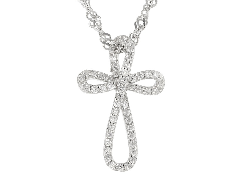 White Cubic Zirconia Rhodium Over Sterling Silver Childrens Cross Pendant With Chain 0.14ctw