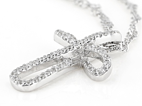 White Cubic Zirconia Rhodium Over Sterling Silver Childrens Cross Pendant With Chain 0.14ctw