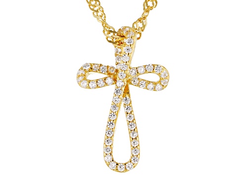 White Cubic Zirconia 18K Yellow Gold Over Sterling Silver Childrens Cross Pendant With Chain