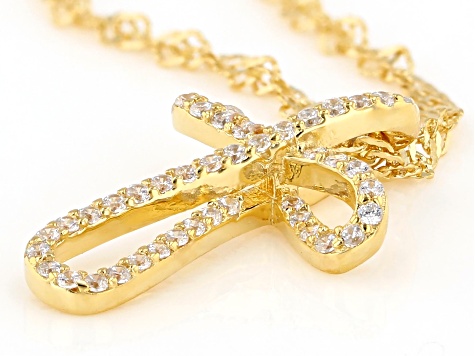 White Cubic Zirconia 18K Yellow Gold Over Sterling Silver Childrens Cross Pendant With Chain