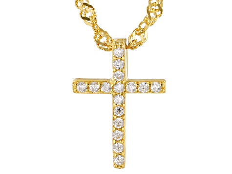 White Cubic Zirconia 18K Yellow Gold Over Sterling Silver Childrens Cross Pendant With Chain