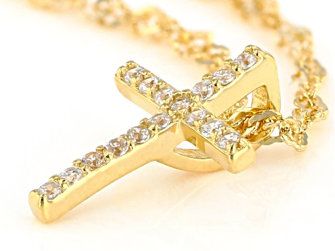 White Cubic Zirconia 18K Yellow Gold Over Sterling Silver Childrens Cross Pendant With Chain