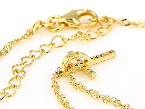 White Cubic Zirconia 18K Yellow Gold Over Sterling Silver Childrens Cross Pendant With Chain
