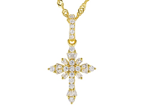 White Cubic Zirconia 18K Yellow Gold Over Sterling Silver Childrens Cross Pendant With Chain