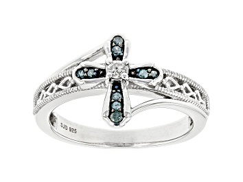 Picture of Blue And White Diamond Rhodium Over Sterling Silver Cross Ring 0.15ctw