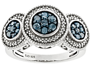 Blue And White Diamond Rhodium Over Sterling Silver Cluster Ring 0.60ctw